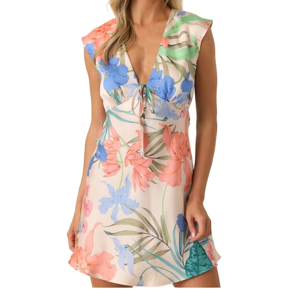 MINKPINK Medium Ravina Mini Dress Peach Floral Tropical Tie Front Sleeveless NWT